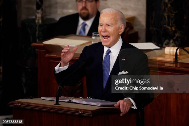 President Joe Biden delivers the State of the Union address during a joint meeting of Congress in the House chamber at the U.S. Capitol on March 07,...