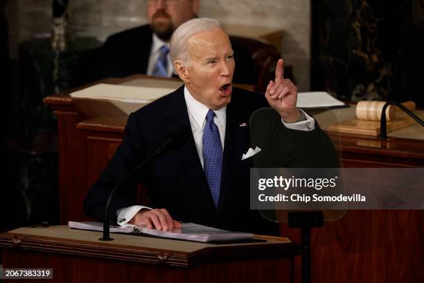 President Joe Biden delivers the State of the Union address during a joint meeting of Congress in the House chamber at the U.S. Capitol on March 07,...