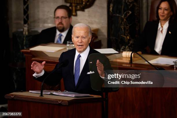 President Joe Biden delivers the State of the Union address during a joint meeting of Congress in the House chamber at the U.S. Capitol on March 07,...