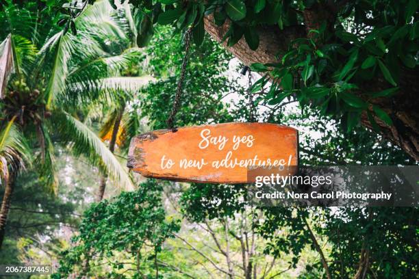 signage with text say yes to new adventures - health motivational quotes stock pictures, royalty-free photos & images