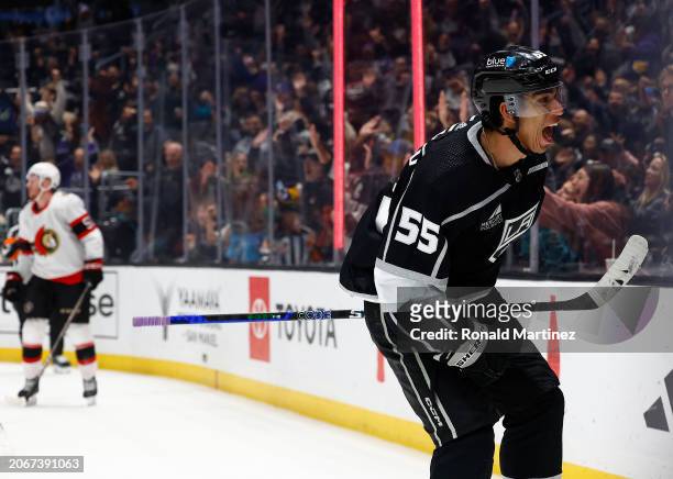 Quinton Byfield of the Los Angeles Kings celebrates a goal againstthe Ottawa Senators in the second period at Crypto.com Arena on March 07, 2024 in...