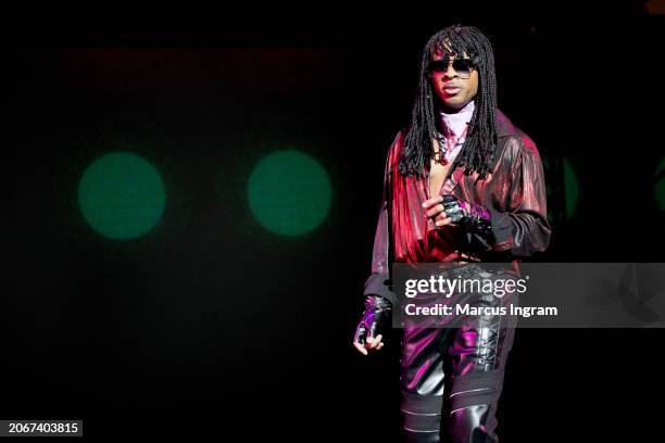 Stokley, playing the role of Rick James, performs on stage during the "Super Freak: The Rick James Story" press junket at Stafford Centre on March...