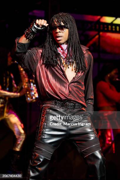 Stokley, playing the role of Rick James, performs on stage during the "Super Freak: The Rick James Story" press junket at Stafford Centre on March...