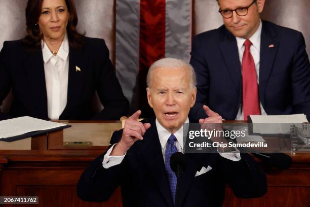 President Joe Biden delivers the State of the Union address during a joint meeting of Congress in the House chamber at the U.S. Capitol on March 07,...