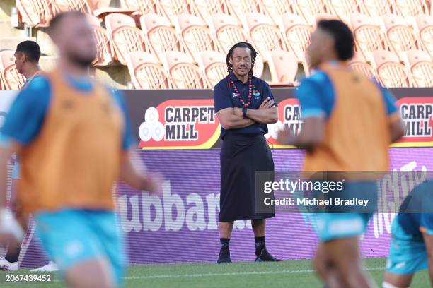 Tana Umaga, Head coach of Moana Pasifika looks on prior to the round one Super Rugby Pacific match between Moana Pasifika and Melbourne Rebels at FMG...