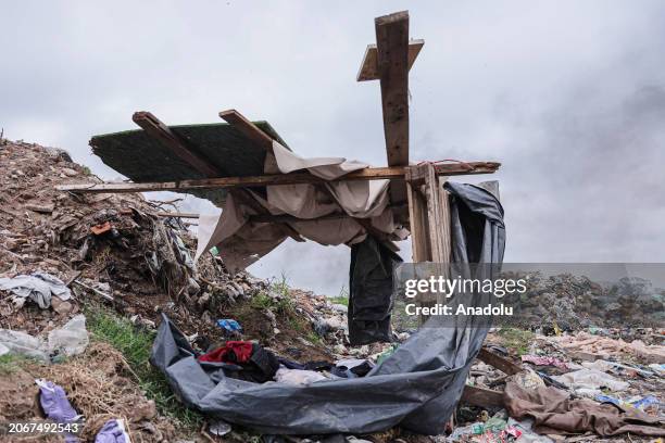 View of the makeshift shelter where recyclers have breaks in, at the largest and oldest open-air landfill in Lujan, Buenos Aires province, Argentina...