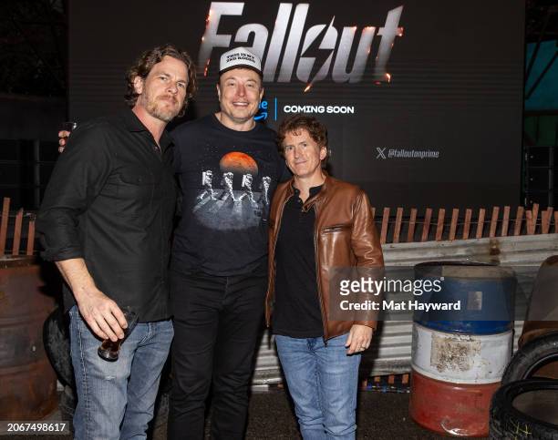 Jonathan Nolan, Elon Musk, and Todd Howard attend the "Fallout" @ SXSW party on March 07, 2024 in Austin, Texas.