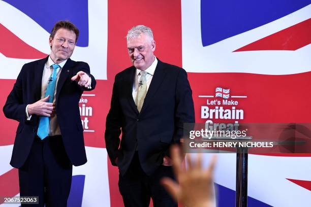 Former Conservative deputy chairman Lee Anderson and Leader of Reform UK party Richard Tice answer questions following a press conference to announce...