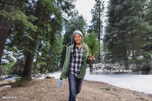 cheerful young woman hiking in snowy forest area - green hat stock pictures, royalty-free photos & images