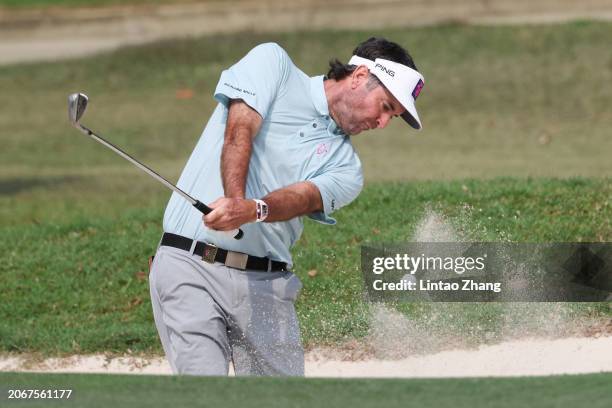 Bubba Watson of RANGEGOATS GC plays a shot from a bunker on the 13th hole during day one of the LIV Golf Invitational - Hong Kong at The Hong Kong...