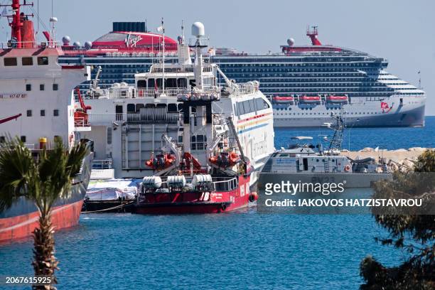 The Open Arms vessel is pictured in the Cypriot port of Larnaca on March 11, 2024. A Cyprus government spokesman said a Spanish charity ship with...