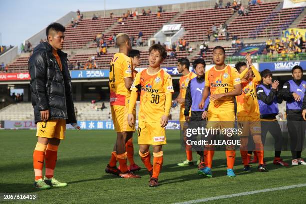 Shimizu S-Pulse players react after the 1-1 draw in the J.League J1 match between Shimizu S-Pulse and Vegalta Sendai at IAI Stadium Nihondaira on...