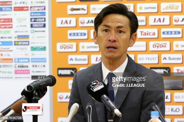 Head coach Susumu Watanabe of Vegalta Sendai speaks at the post match press conference after the J.League J1 match between Shimizu S-Pulse and...