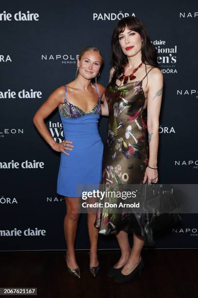 Grace Tame and Tara Moss pose during the Marie Claire 2024 International Women's Day Luncheon at Hinchcliff House on March 08, 2024 in Sydney,...