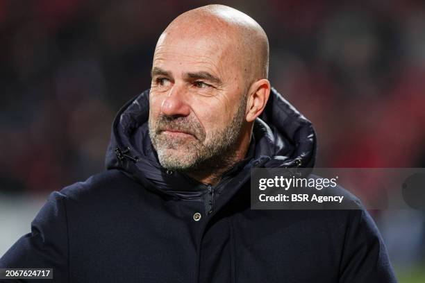 Head Coach Peter Bosz of PSV looks up during the Dutch Eredivisie match between Go Ahead Eagles and PSV at De Adelaarshorst on March 8, 2024 in...