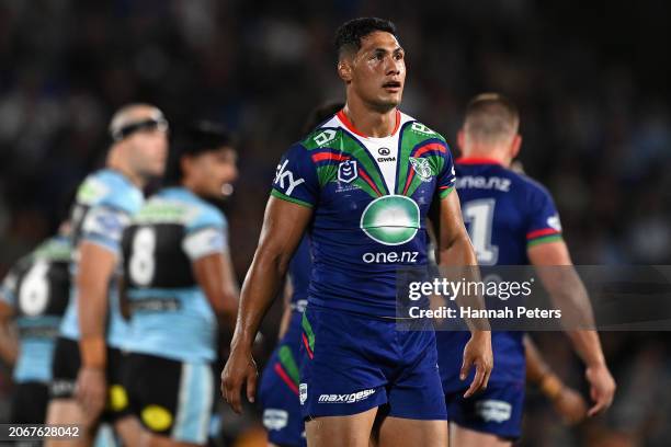 Roger Tuivasa-Sheck of the Warriors looks on during the round one NRL match between New Zealand Warriors and Cronulla Sharks at Go Media Stadium Mt...