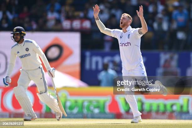 England captain Ben Stokes reacts afterbowling during day two of the 5th Test Match between India and England at Himachal Pradesh Cricket Association...