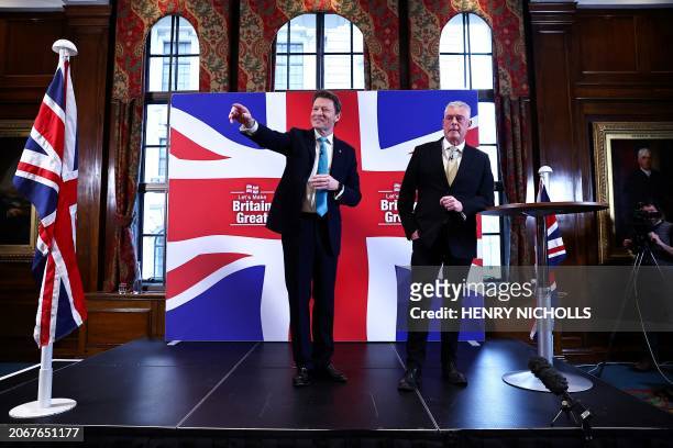 Former Conservative deputy chairman Lee Anderson and Leader of Reform UK party Richard Tice answer questions following a press conference to announce...