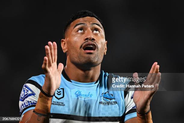 Ronaldo Mulitalo of the Sharks prepares for play to start during the round one NRL match between New Zealand Warriors and Cronulla Sharks at Go Media...