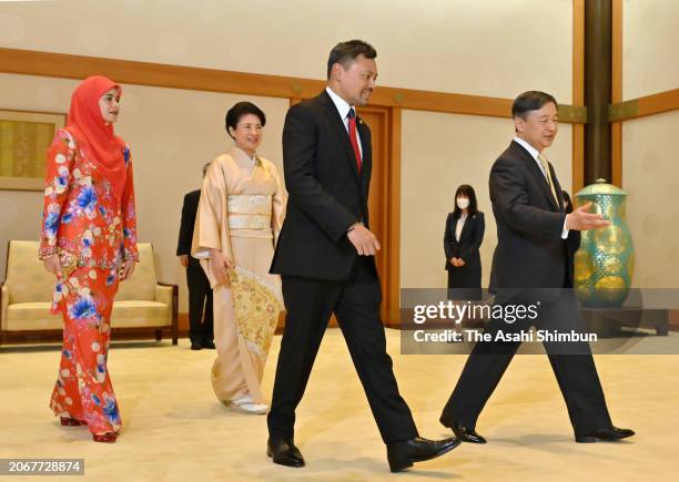 Crown Prince Al-Muhtadee Billah and Crown Princess Sarah of Brunei Darussalam are escorted by Emperor Naruhito and Empress Masako prior to their...