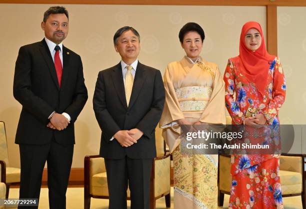 Crown Prince Al-Muhtadee Billah and Crown Princess Sarah of Brunei Darussalam pose with Emperor Naruhito and Empress Masako prior to their meeting at...