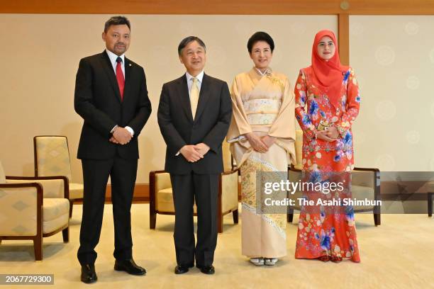 Crown Prince Al-Muhtadee Billah and Crown Princess Sarah of Brunei Darussalam pose with Emperor Naruhito and Empress Masako prior to their meeting at...