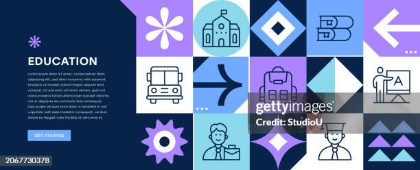 ilustraciones, imágenes clip art, dibujos animados e iconos de stock de diseño de banners web de educación - edificio escolar