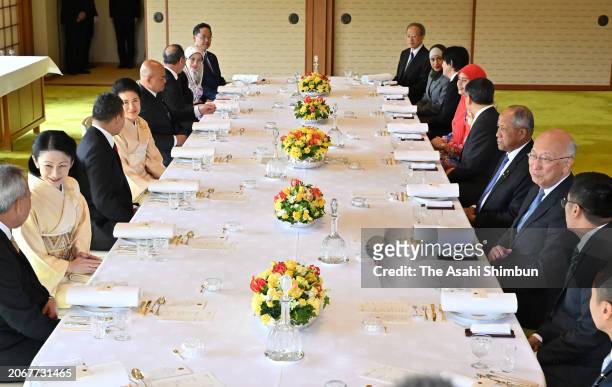 Crown Prince Al-Muhtadee Billah and Crown Princess Sarah of Brunei Darussalam pose with Emperor Naruhito and Empress Masako attend luncheon at the...