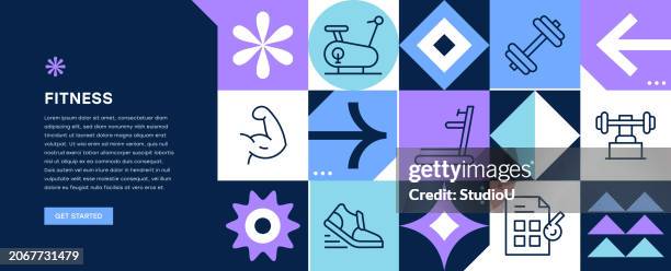 ilustraciones, imágenes clip art, dibujos animados e iconos de stock de diseño de banner web de fitness - máquina de andar y correr