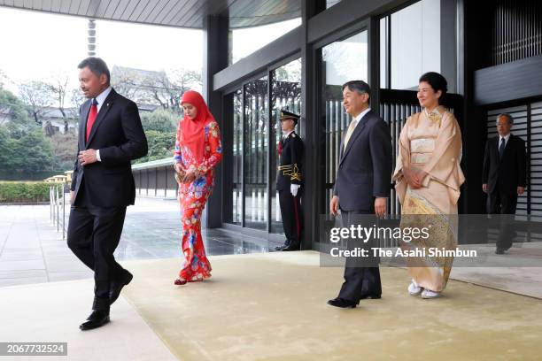 Crown Prince Al-Muhtadee Billah and Crown Princess Sarah of Brunei Darussalam are seen off Emperor Naruhito and Empress Masako after their meeting at...