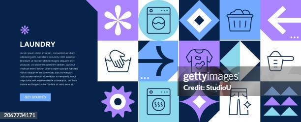 laundry web banner design - washing machine with bubbles stock illustrations