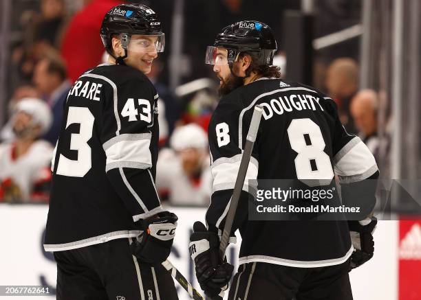 Jacob Moverare of the Los Angeles Kings celebrates his first career NHL goal with Drew Doughty of the Los Angeles Kings against the Ottawa Senators...