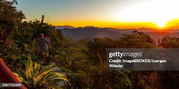 a tourist photographs the sunrise at finca don gabriel, pluma hidalgo, pochutla, oxaca state, sierra madre del sur, mexico, central america - pluma stock pictures, royalty-free photos & images