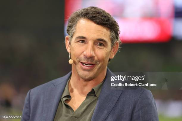 Channel 9 commentator and former player Billy Slater looks on before the round one NRL match between Melbourne Storm and Penrith Panthers at AAMI...
