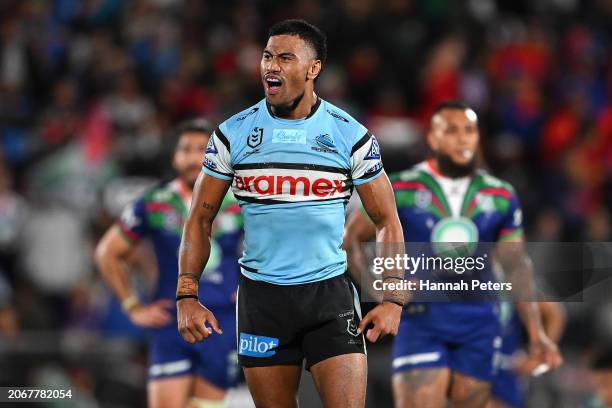 Ronaldo Mulitalo of the Sharks celebrates winning the round one NRL match between New Zealand Warriors and Cronulla Sharks at Go Media Stadium Mt...