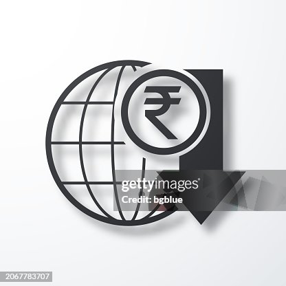 Indian rupee rate decrease. Icon with shadow on white background Indian rupee rate decrease. Icon with shadow on white background