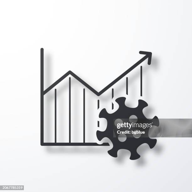 growing graph with coronavirus cell. icon with shadow on white background - covid graph icon stock illustrations
