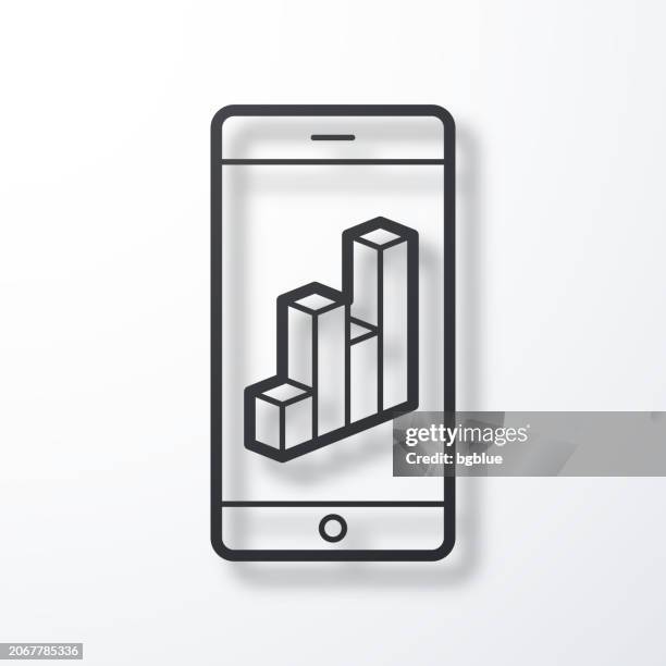 smartphone with 3d chart. line icon with shadow on white background - phone evolution stock illustrations