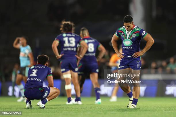 Roger Tuivasa-Sheck of the Warriors looks dejected after losing the round one NRL match between New Zealand Warriors and Cronulla Sharks at Go Media...