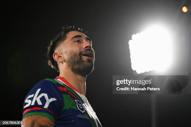 Shaun Johnson of the Warriors talks to fans during the round one NRL match between New Zealand Warriors and Cronulla Sharks at Go Media Stadium Mt...