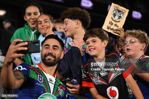 Shaun Johnson of the Warriors poses with fans following the round one NRL match between New Zealand Warriors and Cronulla Sharks at Go Media Stadium...
