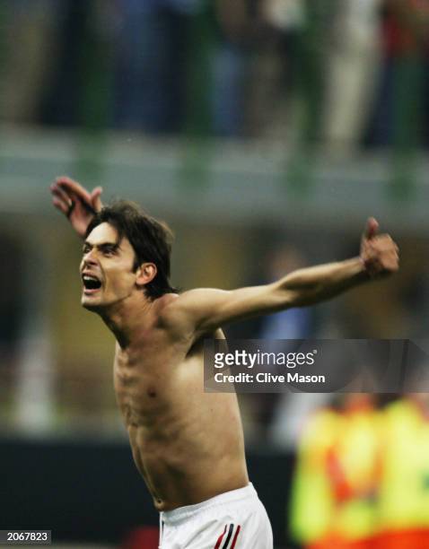 Filippo Inzaghi of AC Milan celebrates after the UEFA Champions League semi final second leg match between Inter Milan and AC Milan on May 13, 2003...