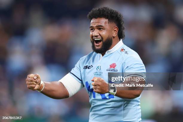 Mahe Vailanu of the Waratahs celebrates a tackle during the round three Super Rugby Pacific match between NSW Waratahs and Highlanders at Allianz...