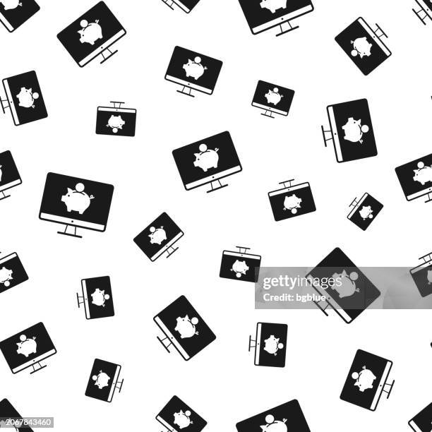 desktop computer with piggy bank. seamless pattern. icons on white background - desktop screen background stock illustrations