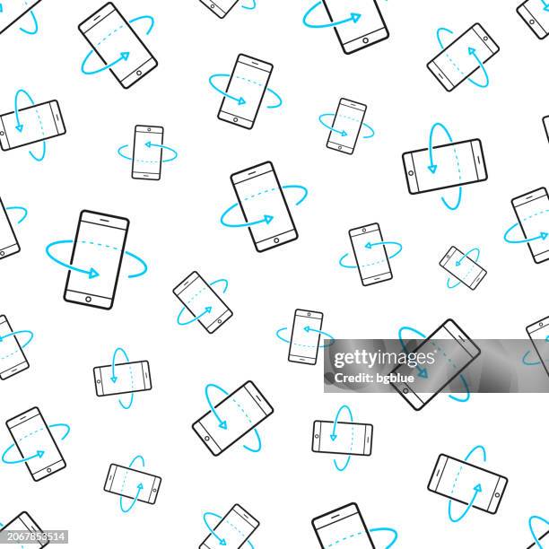 360 degree rotation with smartphone. seamless pattern. line icons on white background - 360 tablet stock illustrations