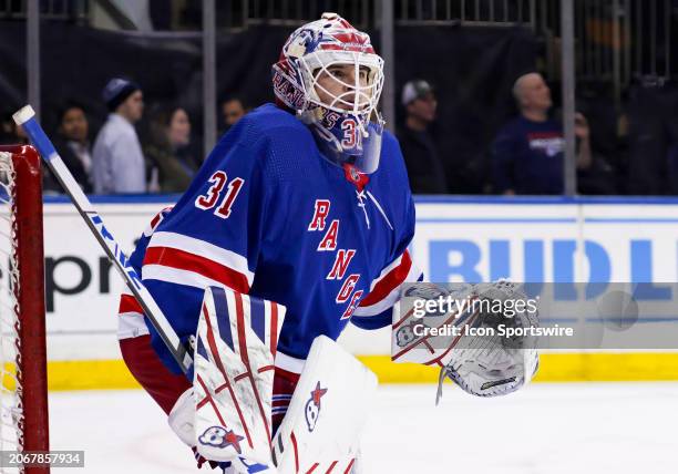 New York Rangers Goalie Jonathan Quick is pictured prior to the National Hockey League game between the Florida Panthers and the New York Rangers on...