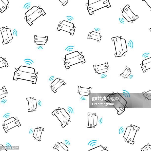 connected car. seamless pattern. line icons on white background - electric sedan stock illustrations