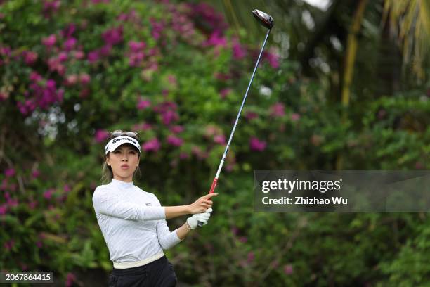 Muni He of China hits a tee shot on 14th hole during the second round of the Blue Bay LPGA at Jian Lake Blue Bay Golf Course on March 08, 2024 in...