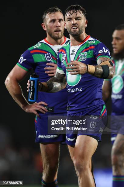 Wayde Egan of the Warriors reacts during the round one NRL match between New Zealand Warriors and Cronulla Sharks at Go Media Stadium Mt Smart, on...