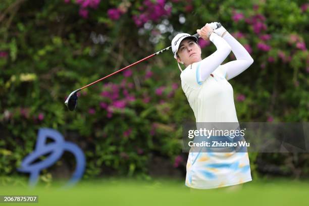 Paula Creamer of The United States hits a tee shot on 14th hole during the second round of the Blue Bay LPGA at Jian Lake Blue Bay Golf Course on...